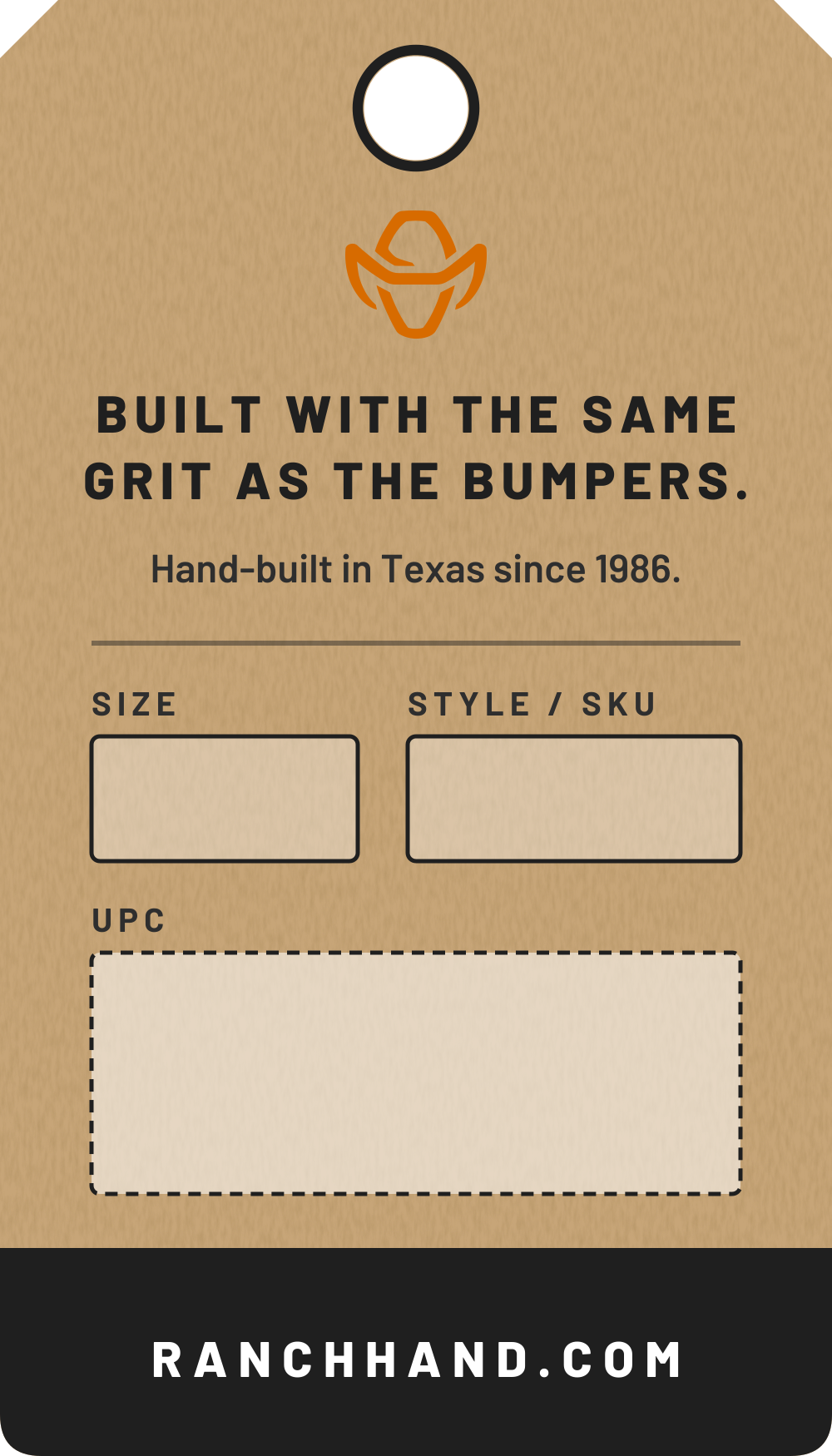 Ranch Hand hang tag back with size, SKU and barcode space