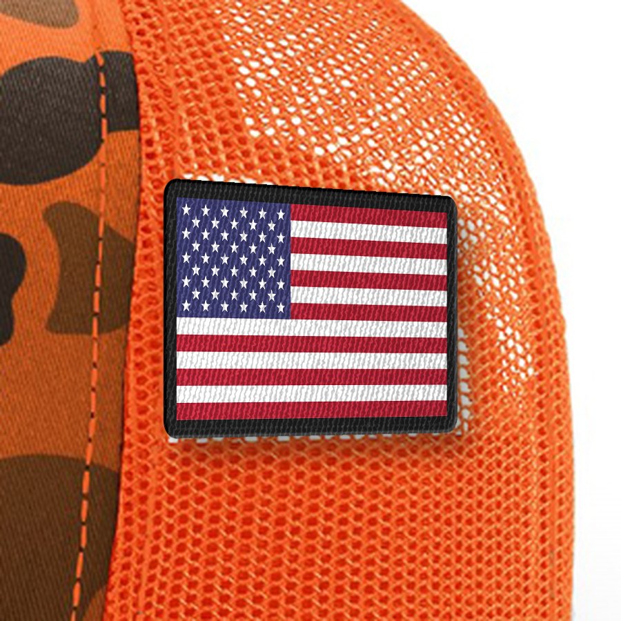 Ranch Hand Camo Trucker &mdash; Blaze Duck Camo/Blaze, mesh-side flag patch close-up