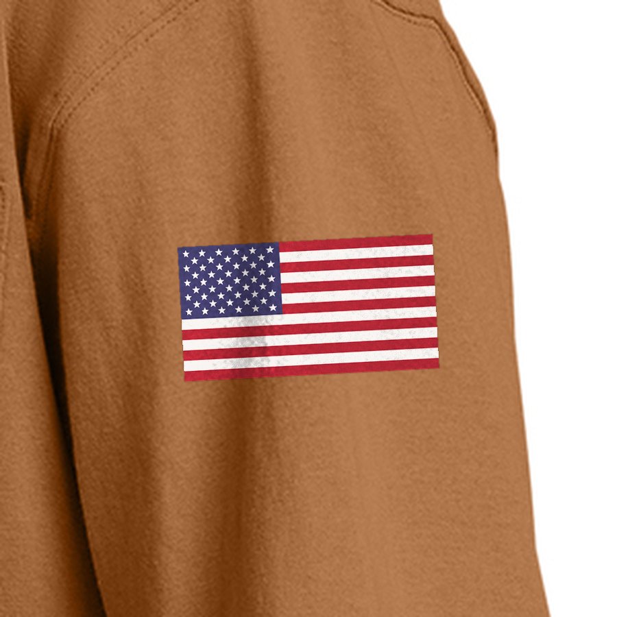 Screen-printed American flag on a tee sleeve, stars forward