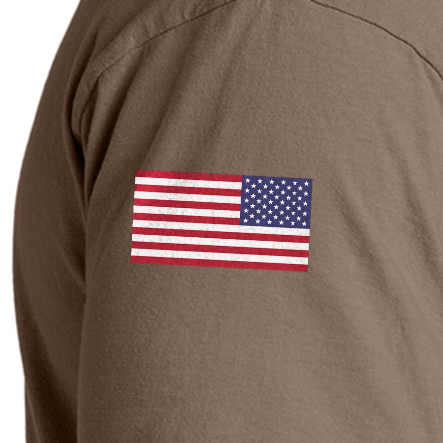 Ranch Hand Comfort Colors Logo Tee &mdash; Espresso, sleeve flag close-up